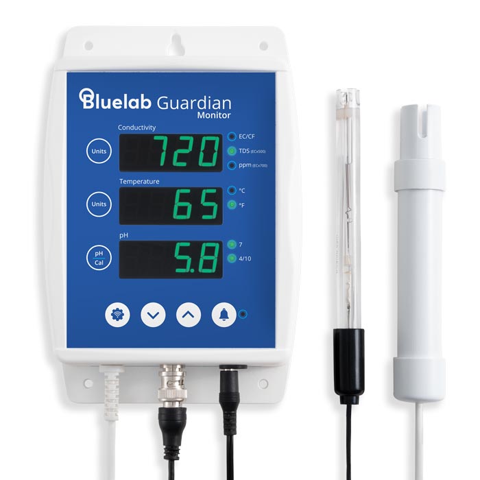 Bluelab Guardian Monitor Wi-Fi with pH and conductivity temperature probes for continuous hydroponic reservoir monitoring